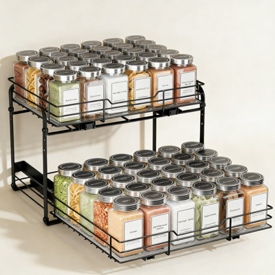 Étagère à épices coulissante à 2 niveaux pour armoires, panier en métal robuste réglable en hauteur avec tiroirs coulissants individuels pour le garde-manger et l'armoire de cuisine