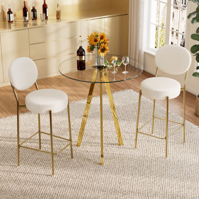 Modern Bar Table Set with 2 /4 Faux Leather Stools, 31.5in Glass Top & 29in Dining Stool for Kitchen Island