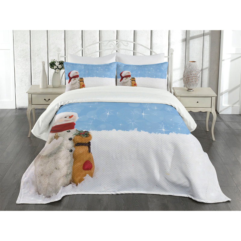 Ambensonne Snowman Bedspread Winter Multicolor Multicolor, King Coverlet/Bedspread + 2 Pillow Shams