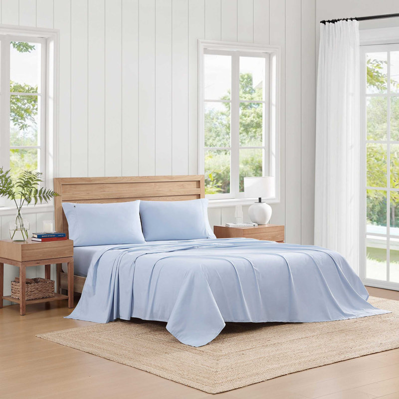 Ensemble de draps en percale de coton Tommy Hilfiger, Bleu, Ensemble de draps pour grand lit avec 2 taies d'or