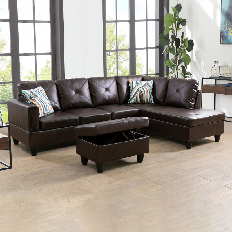 Halid Wide Sofa & Chaise with Ottoman, Right Hand Facing, Faux Leather Brown