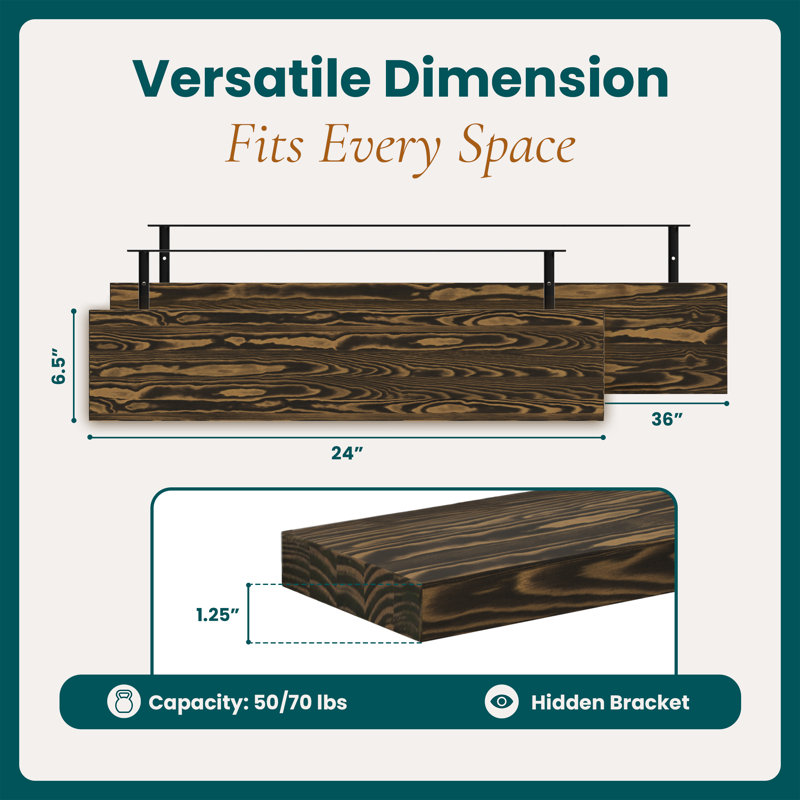 Jorgensen 2 Pieces  Pine Solid Wood Floating Shelves for Wall Decor, Kitchen, Bathroom, Workspace, Thick, Dark Brown