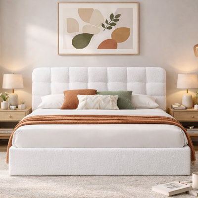 Arcadia Hydraulic Lift Up Storage Upholstered Platform Bed,Boucle White,Queen