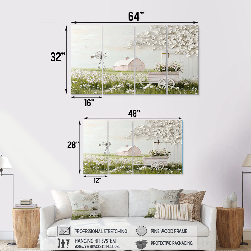 Paysage de ferme dans des tons de rose et de vert III - ensemble d'art sur toile, H 32 po x l 64 po