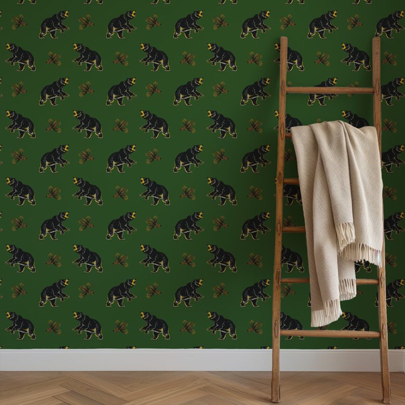 Roaming Black Bear - Wallpaper, Black; Green, Non-Pasted, Faux Grasscloth