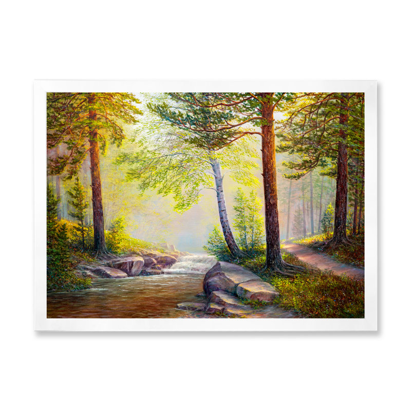 Après-midi, lumière à travers les arbres dans la forêt - peinture sur toile, Cadre photo blanc, H 30 po x l 40 po x 1,5 po