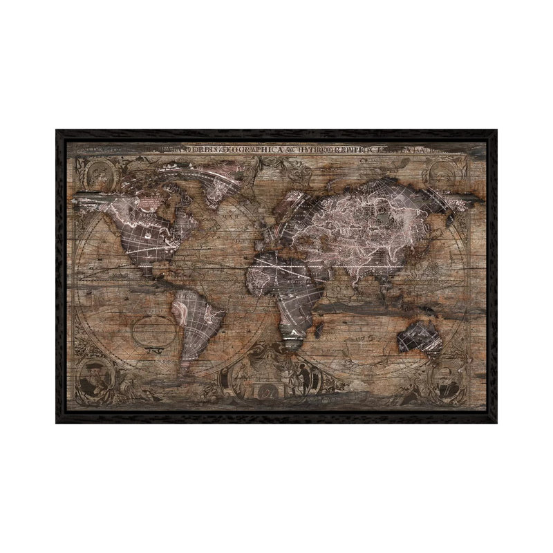 Vintage Art World Map by Diego Tirigall - Floater Frame Gallery-Wrapped Canvas Giclée on Canvas, 66.04 cm H x 101.6 cm W