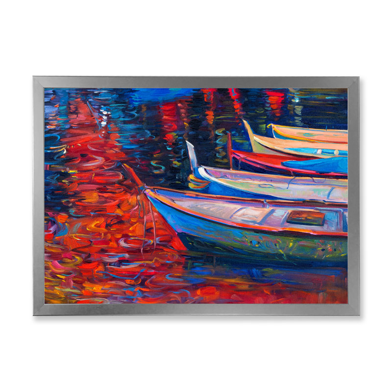 Bateaux qui se reposent sur l'eau pendant un coucher de soleil chaud - Peinture sur toile, H 24 po x l 32 po x P 1 po