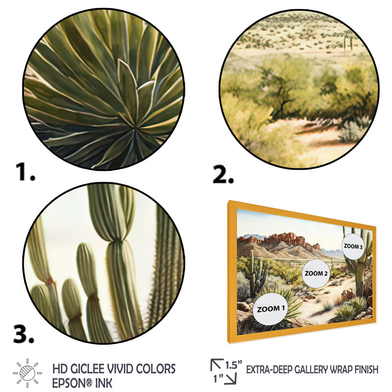 Arizona Desert V - art mural occidental, Cadre doré simple, H 24 po x l 32 po x P 1 po