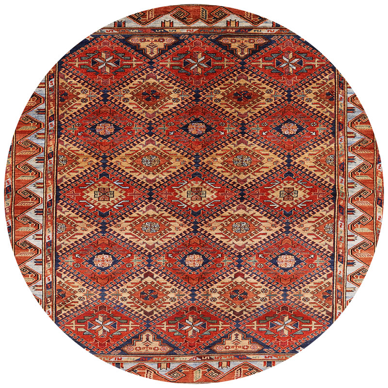 Tapis géométrique rouge / rouille / beige, Rond 8 pi