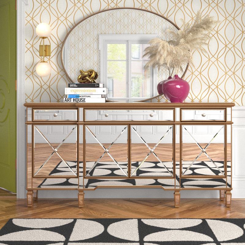 Buffet en bois d'hévéa 3 tiroirs Briel, Doré
