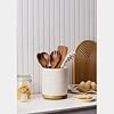 Utensil Holder, 360° Large Ceramic Kitchen Utensil Holder For Countertop, Cooking Utensil Crocks For Kitchen Counter With Rotatable Wooden Base, Farmhouse Decor, Arctic White