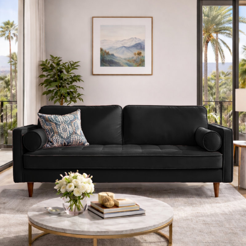 Alden 70" Square Arm Velvet Sofa, Black
