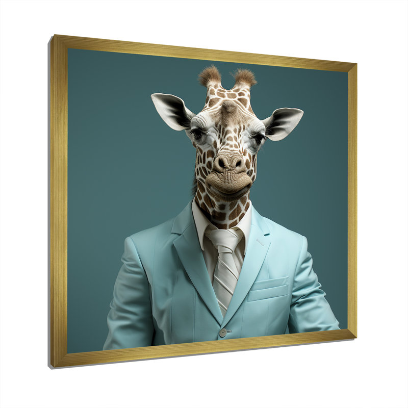 Bleu et gris habillé de mode girafe - girafe, art mural animal, Cadre doré simple, H 30 po x l 30 po x P 1,5 po