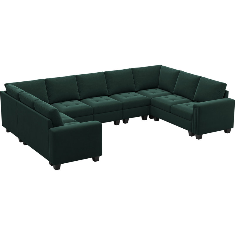 Shavera 8 - Piece Large U Shaped Corner Sofa Sectional Modular Sofa Living Room Couch Party Room Sofa, Green Velvet