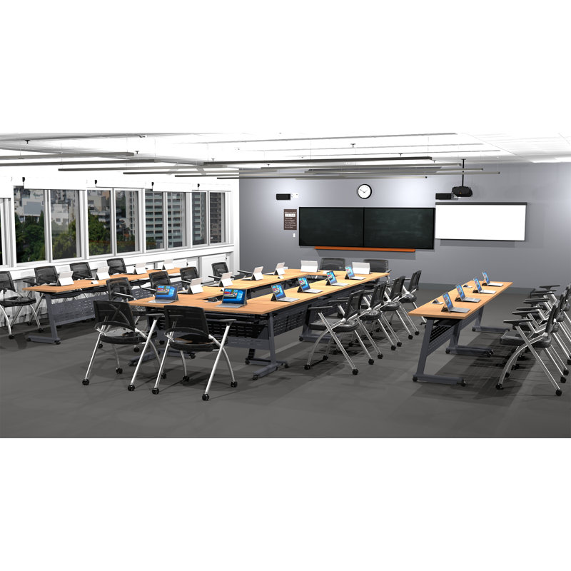 Tables Training Meeting Seminar Classroom 10Pc Beech Folding Industrial Caster Z-Base. Tables Connect.  Modesty Panel, Shelf, Power+Usb Outlet. Fold+Nest For Storage (Seating Not Included).