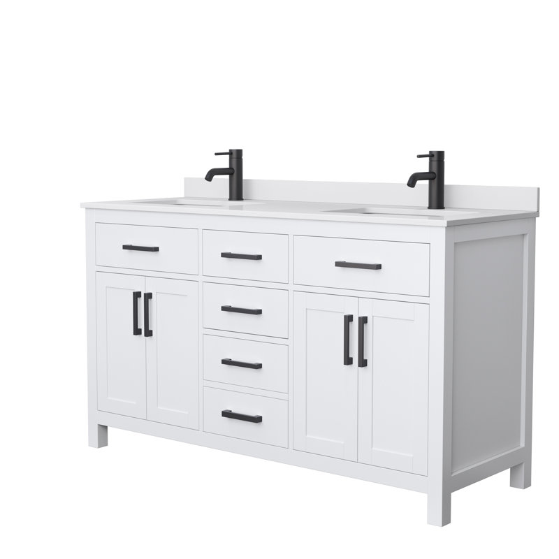 Beckett 60" Freestanding Double Bathroom Vanity with Cultured Marble Top, White, White Cultured Marble, Matte Black