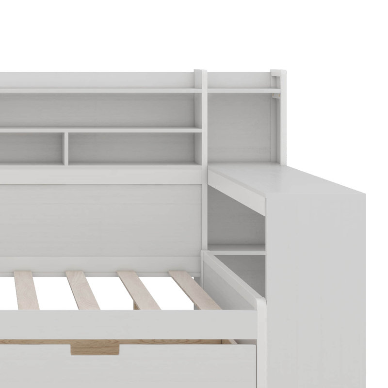 Vrishin Wooden Full Size Multi-functional Bed with Two Storage Drawers and Study Desk, Antique White