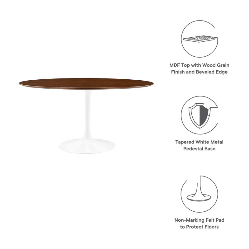 Lippa 60" Walnut Oval Wood Dining Table with White Metal Base