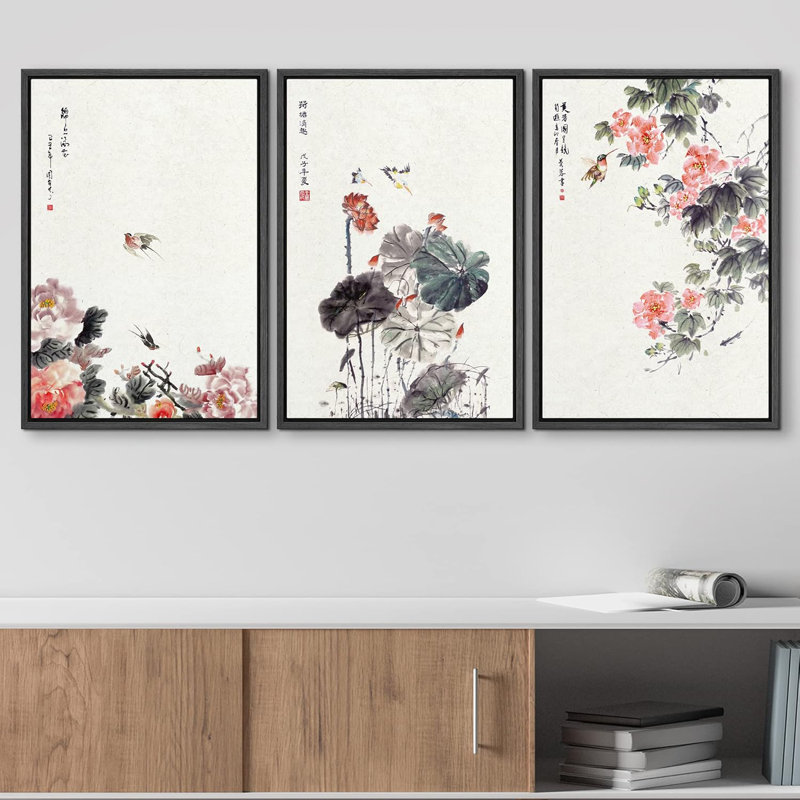 Décoration murale moderne à l'encre de chine, fleurs et oiseaux, H 36 po x l 72 po, Cadre flottant noir