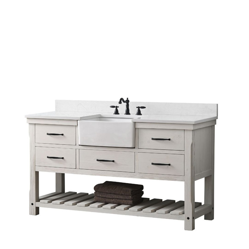 Curiel 60'' Single Bathroom Vanity with Engineered Stone Top, White Wash/Matte Black