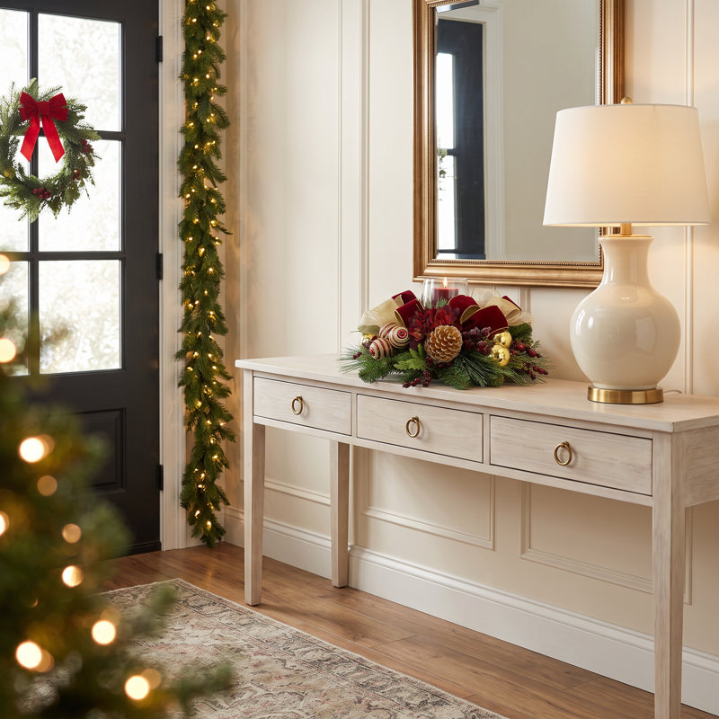 Holiday Candle Holder With Hydrangeas, Pinecones And Ribbon