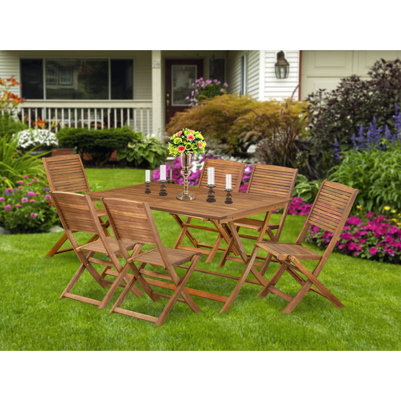 Patio Garden Table Set Includes a Rectangle Acacia Table and Folding Chairs, 7 Pieces: Table, 6 Chairs