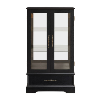 Armoire vitrée moderne en verre éclairé noir, 2 portes, 1 tiroir, tablettes réglables, ampoule incluse