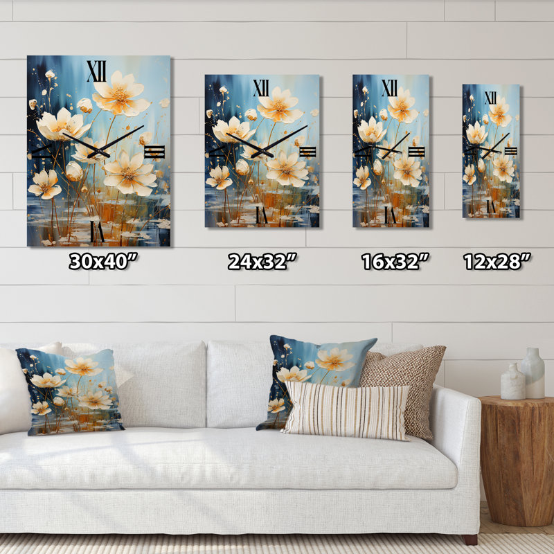 Horloge murale moderne «Blossoming White Daisy Sky II - Flowers», Moyen