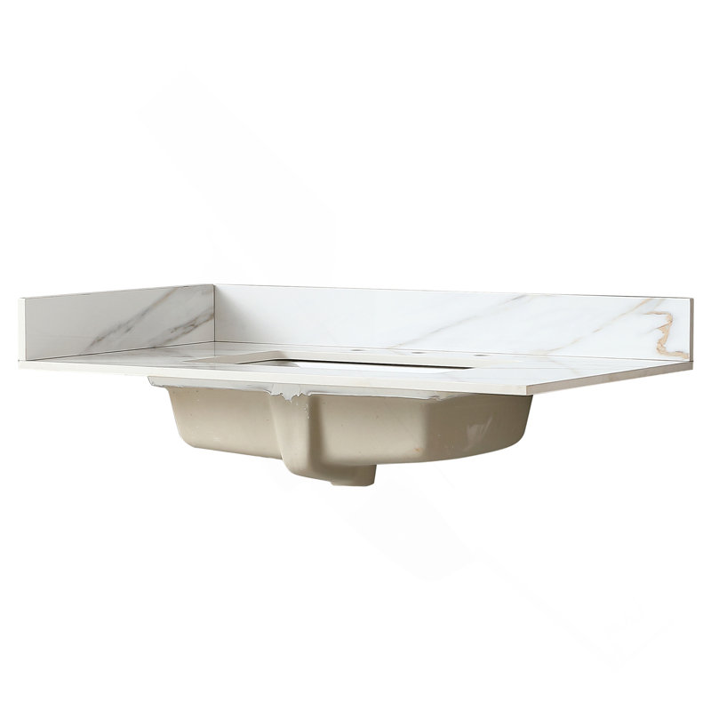 Plateau de meuble-lavabo en pierre frittée blanche 37 po avec lavabo encastré rectangulaire, convient à une armoire de 36 po