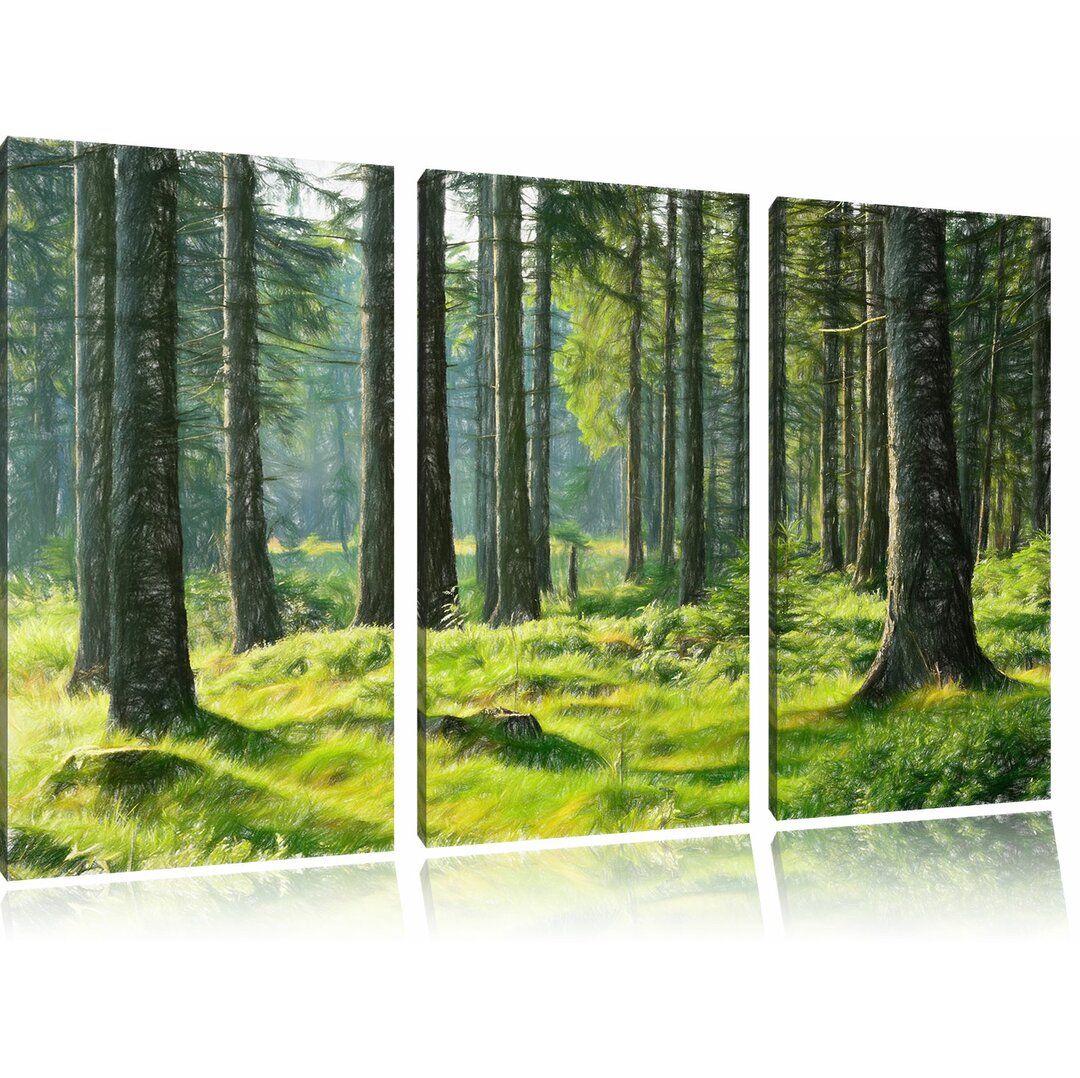 3-tlg. Leinwandbilder-Set „Sonniger Tag im Wald“, Grafikdruck