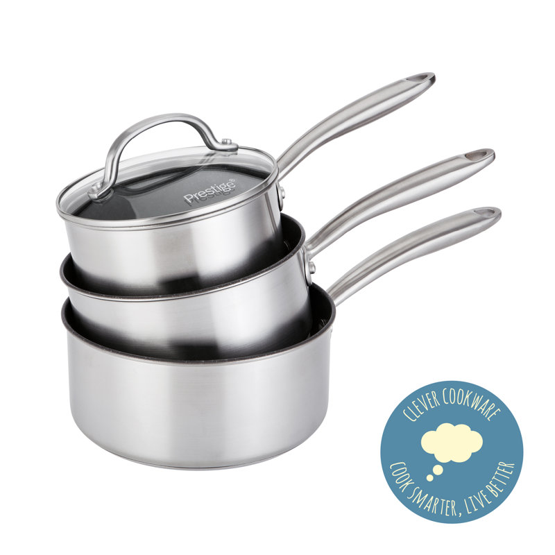 Prestige Scratch Guard 3Pc Saucepan Set, 16/18/20cm, Stainless Steel, Scratch Resistant, induction Suitable, Dishwasher and Oven Safe, Glass Lids