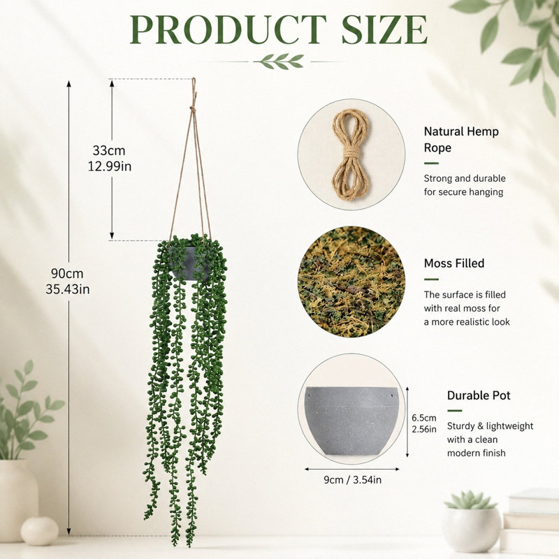 Ficelle artificielle à suspendre 35,43 pouces, plante grasse artificielle en pot de pâte à papier avec corde de chanvre naturel pour plafond mural d'intérieur