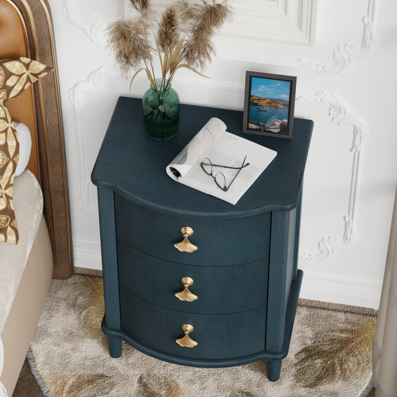 Elegant 3-Drawer Nightstand With Gold Leaf Handles, Blue