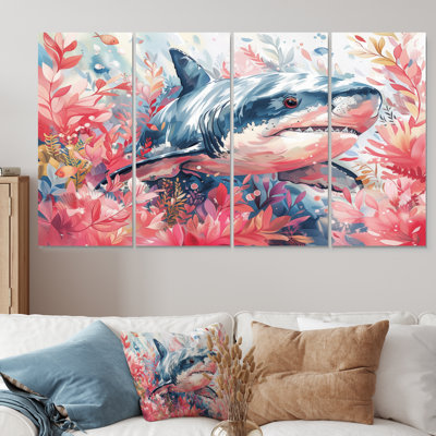 Pink Grey Hunting Shark Watercolor II - Shark Wall Art Print Set