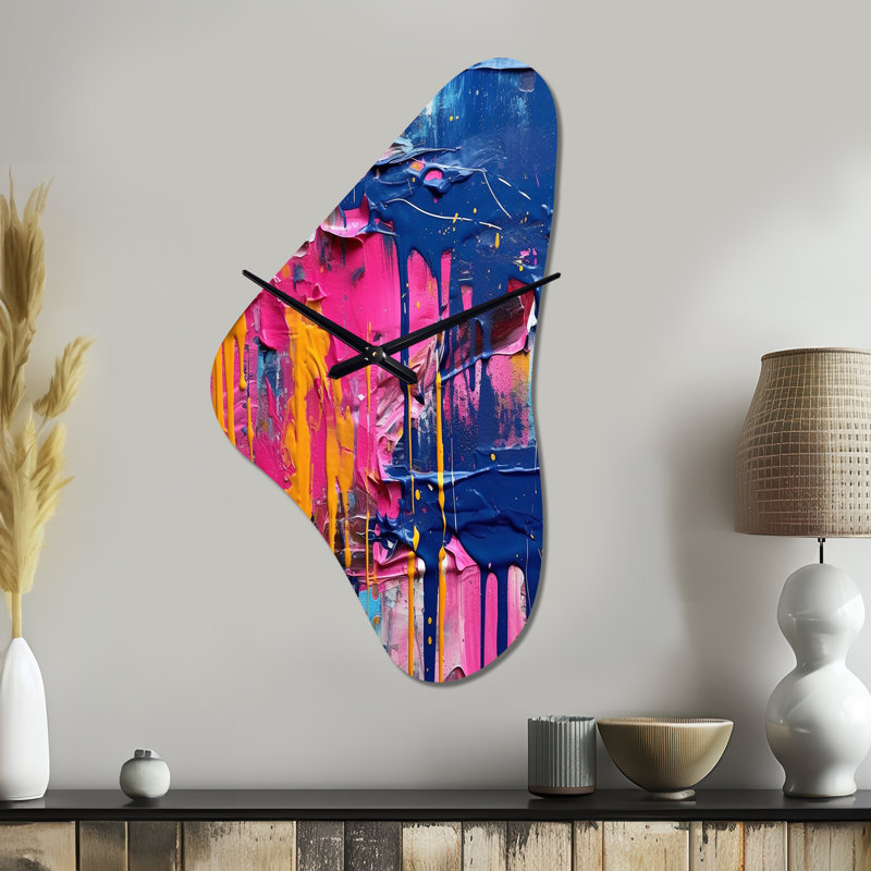 Rose et bleu Explosions de couleur - horloge abstraite en métal de forme unique, horloge murale asymétrique moderne, Grand