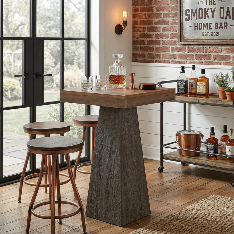 39.96" Height Square Bar Table Small Dining Table With Wood Conical Base, Dark Gray