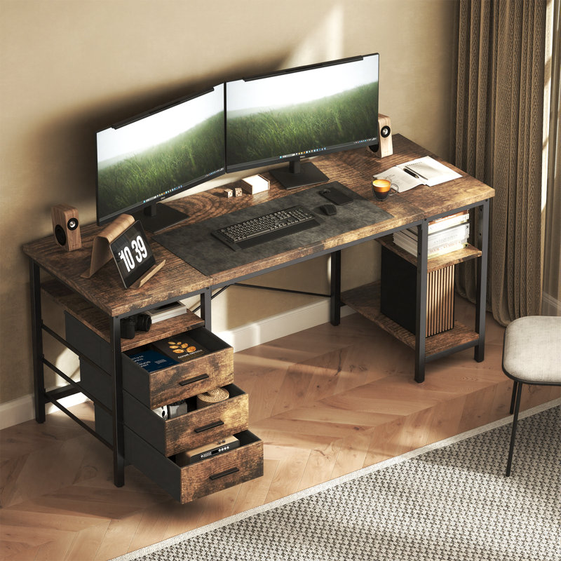 Metal Base Computer Desk,Gaming Desk with 3 Fabric Drawers & Storage Shelves, Writing Work Study Desk for Home Office Bedroom, Modern Simple Student PC Desks Table