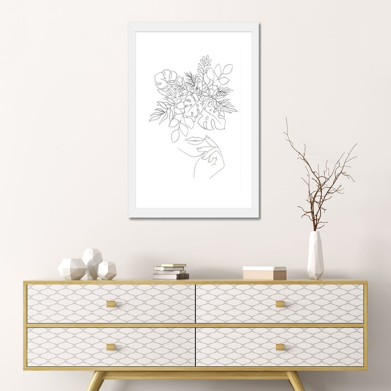 Line Art Woman and Plants - impression d'art graphique, H 24 po x l 16 po x P 1 po, Papier encadré blanc, Blanc