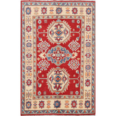 Tapis rouge en laine noué à la main à motif géométrique 3 pi 2 po x 4 pi 8 po
