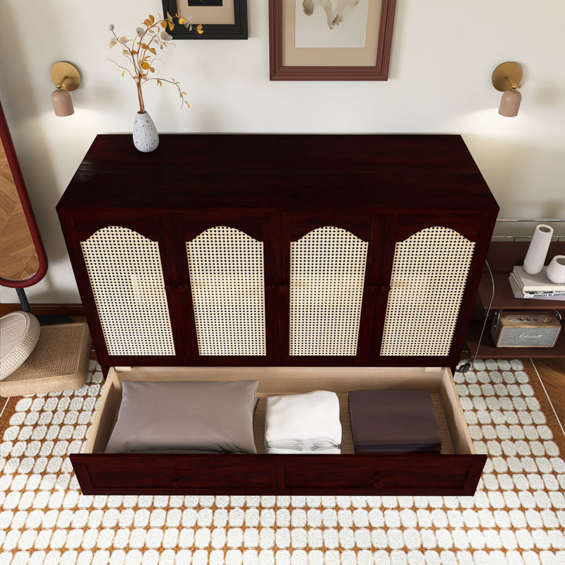 Grand lit escamotable en rotin avec station de charge, tiroir, Espresso