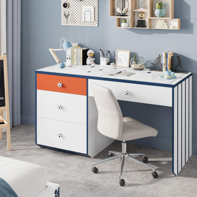47 Inch Wooden Writing Desk with 4 Drawers & Soccer Shaped Handle, Modern Home Office Computer Desk for Bedroom & Small Spaces