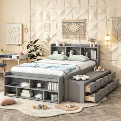 Wood Platform Bed Frame with Storage Headboard and Drawers for Compact Apartment, Bookcase Captain Bed with Shelves and Pull Out Side Cabinet for Kids Small Bedroom, Full Size, Grey