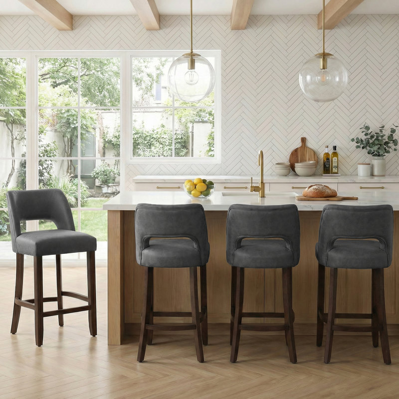  Bisto Faux Leather Upholstered Counter Height Bar Stool With Solid Wood Legs Set of 4, Black, 4