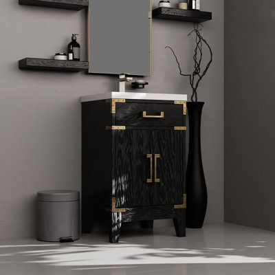 20 po L Comptoir de salle de bain simple en chêne noir, P 18 po, comptoir en acrylique, miroir X 24 H, robinet, plateau poli à la main et scellé, matériau principal en bois, remplissage 33,38 po, poids de 89,66 lb