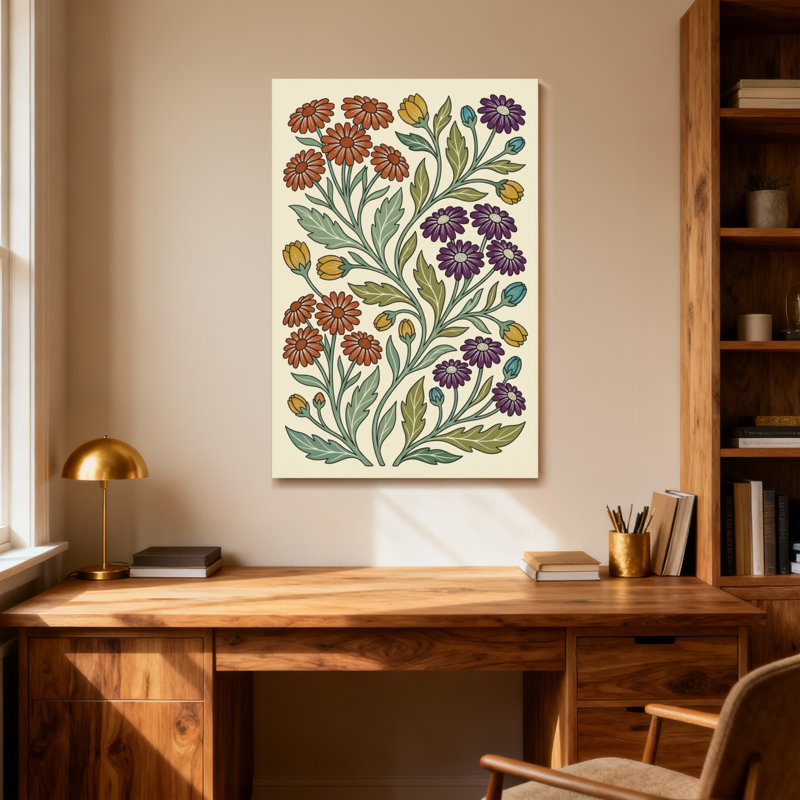 Motif floral de plantes et de fleurs avec des fleurs orange et mauves, H 40 po x l 28 po