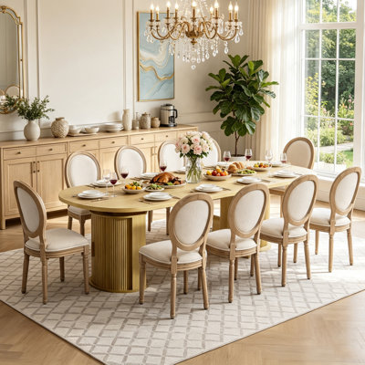 11 Piece Extendable Dining Table Set for 10, 47-118" Oval Natural Wood Kitchen Table with Storage Base, 10 French Tufted Chairs