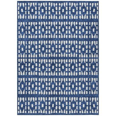 8' X 10' Navy Blue And Ivory Geometric Washable Indoor Outdoor Area Rug