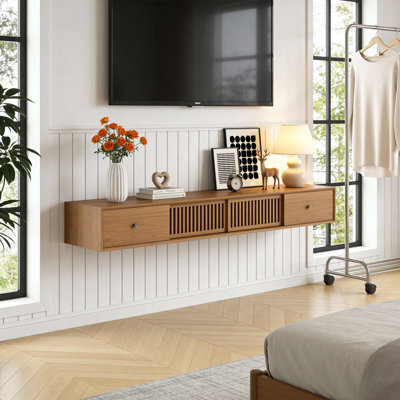 Meuble télé 8,7 po en bois massif avec portes coulissantes à persiennes, tiroirs et trous de ventilation, console multimédia murale pour le salon