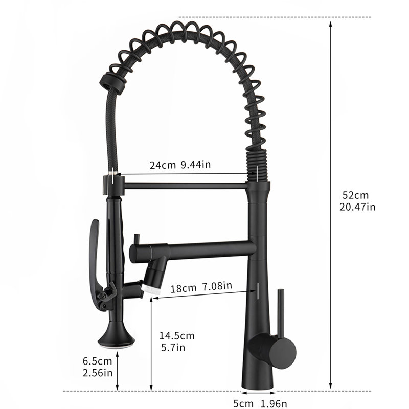 Robinet de cuisine noir mat - Commercial robuste avec ressort rétractable et poignée simple pré-rinçage, Noir mat